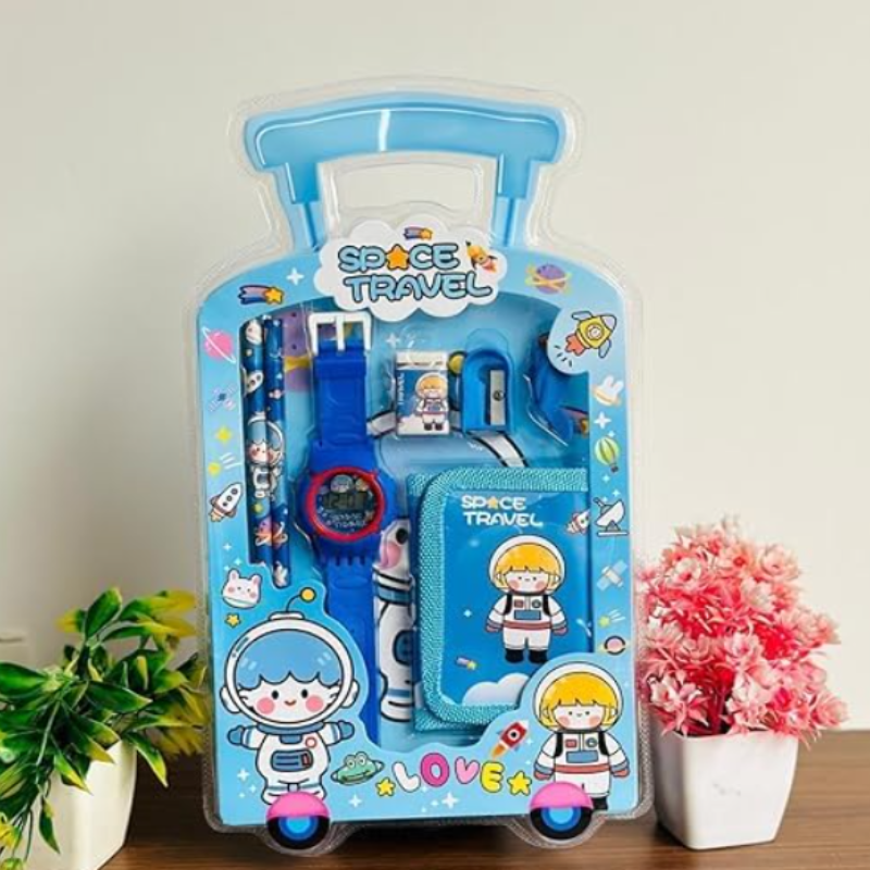 Cartoon Stationery Set for Kids – Pencils, Eraser, Sharpener, Watch & Wallet for Girls & Boys (Random Design-Set of 7 pieces)