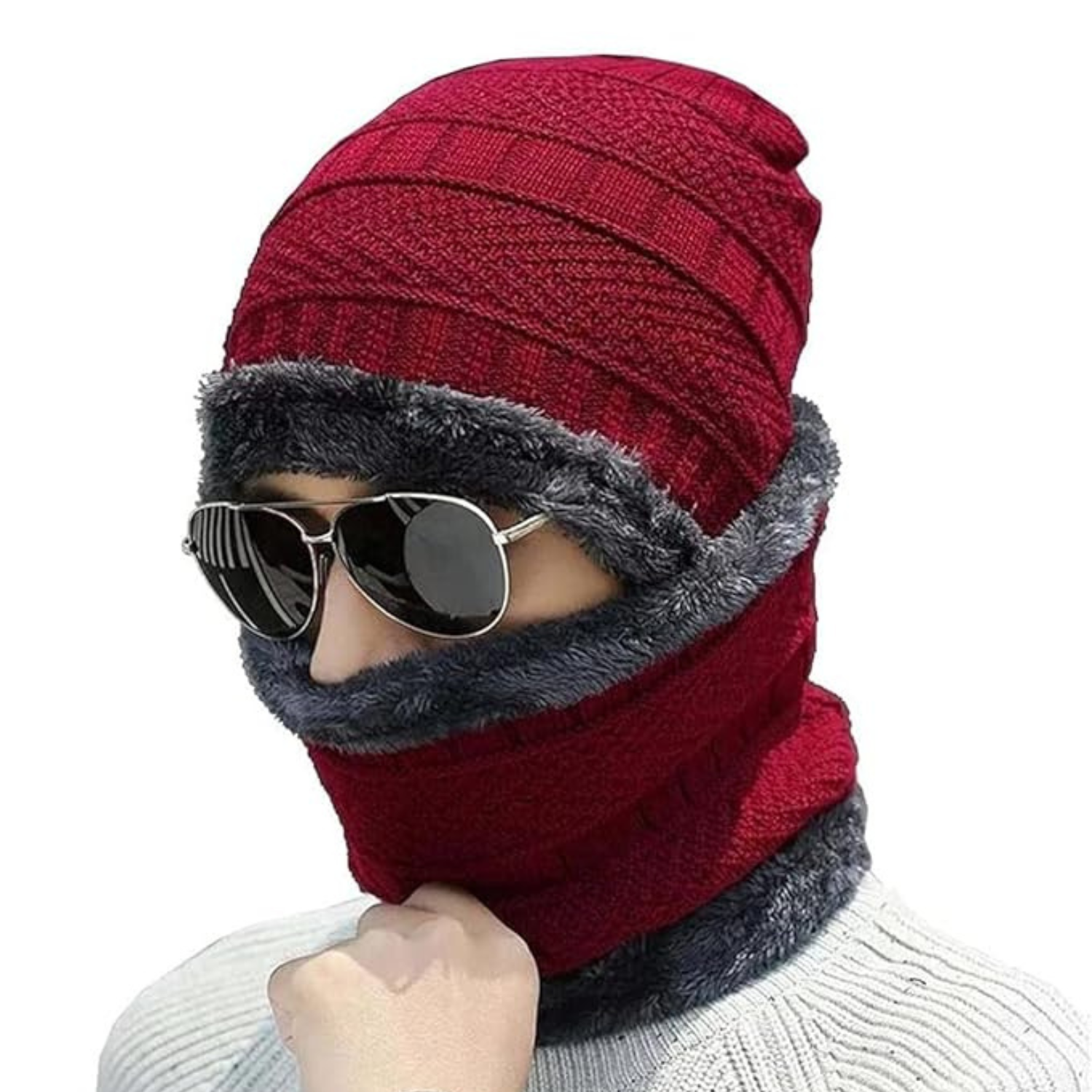 Winter Beanie Cap & Scarf Set – Warm Knit Fur-Lined Hat & Thick Scarf for Men & Women (Random color-Pack of 1)