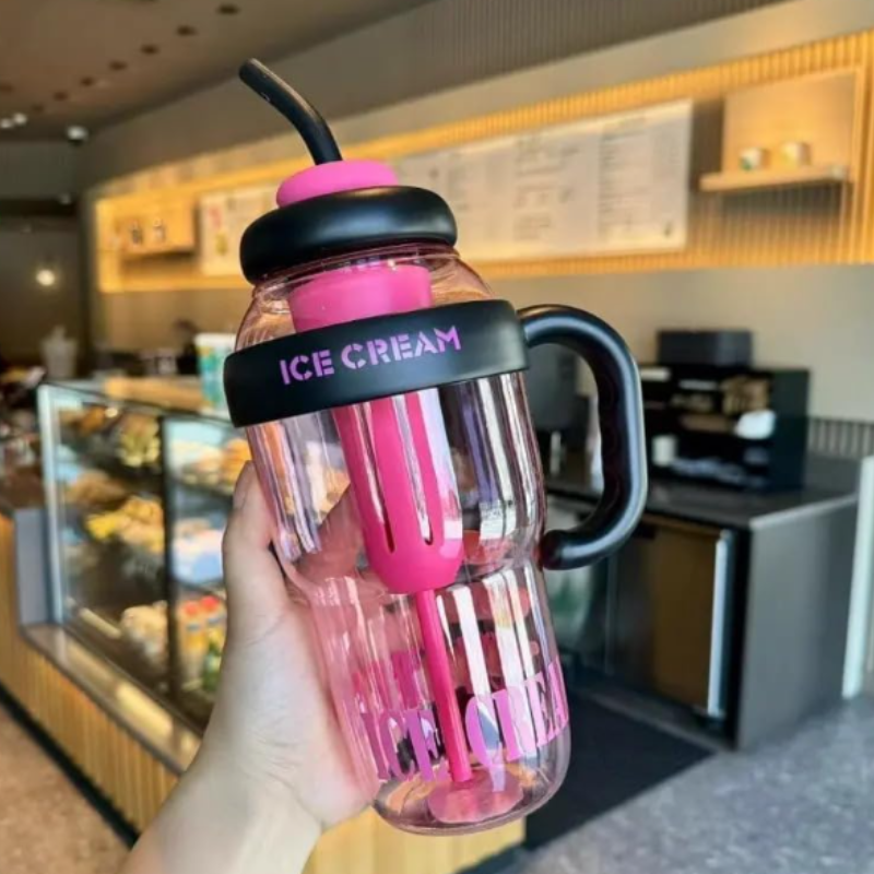 Large Capacity Ice Cream Water Bottle with Straw – Reusable Plastic Sports & Travel Bottle (Random color-Pack of 1)
