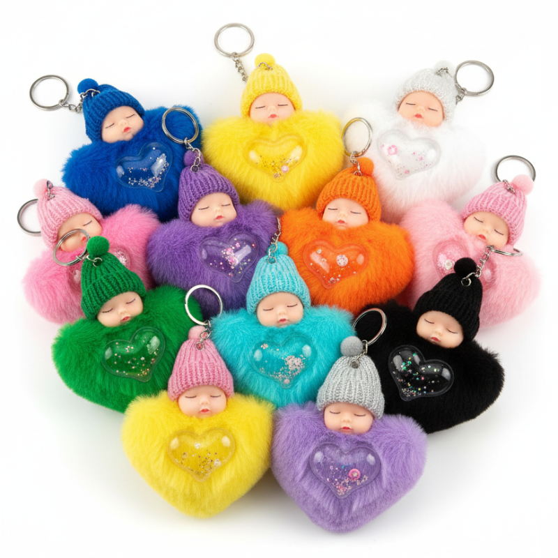 Fluffy Sleeping Baby Doll Keychain – Cute Plush Baby Keyring, Soft Bag & Backpack Charm (Random color-Pack of 1)