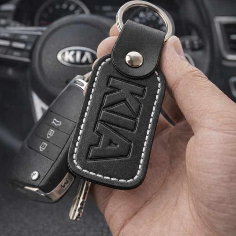 Premium Black Leather Keychain – BMW / KIA / Jeep Embossed logos with metallic key rings and snap closures (Random color-Pack of 1)
