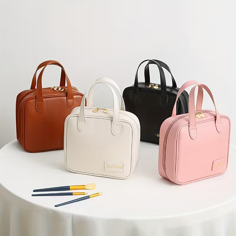 PU Makeup Bag Large Capacity – Travel Handheld Cosmetic & Toiletry Organizer for Women (Random color-Pack of 1)