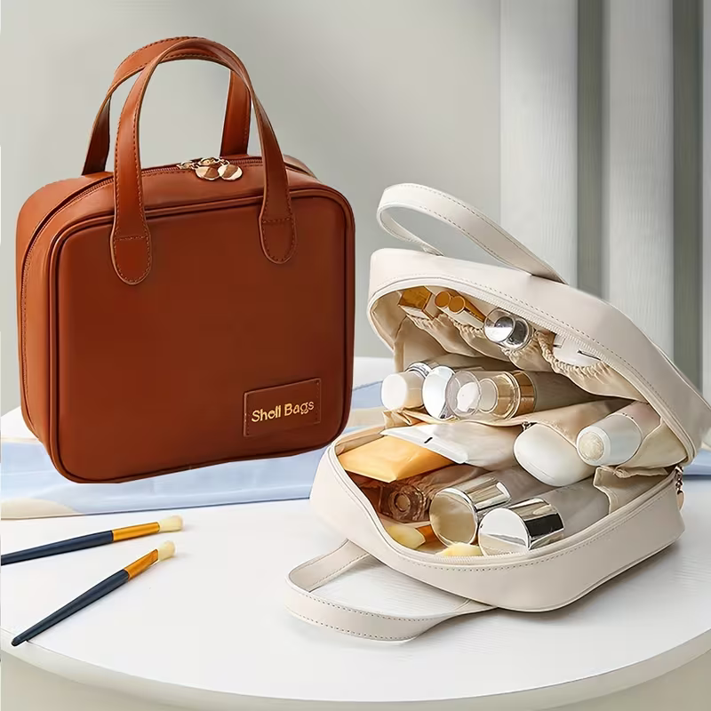 PU Makeup Bag Large Capacity – Travel Handheld Cosmetic & Toiletry Organizer for Women (Random color-Pack of 1)