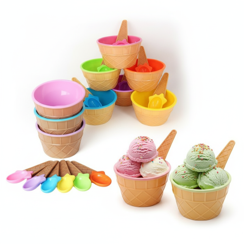 Ice Cream Bowl With Spoon – Durable Plastic Dessert Serving Bowls (Random color-Pack of 2)