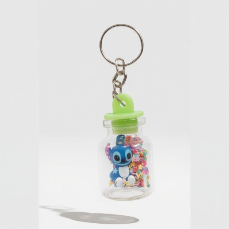 12 Pcs Disney Stitch Bottle Keychain – Cute Cartoon Stitch Figure Inside Mini Glass Bottle Key Ring