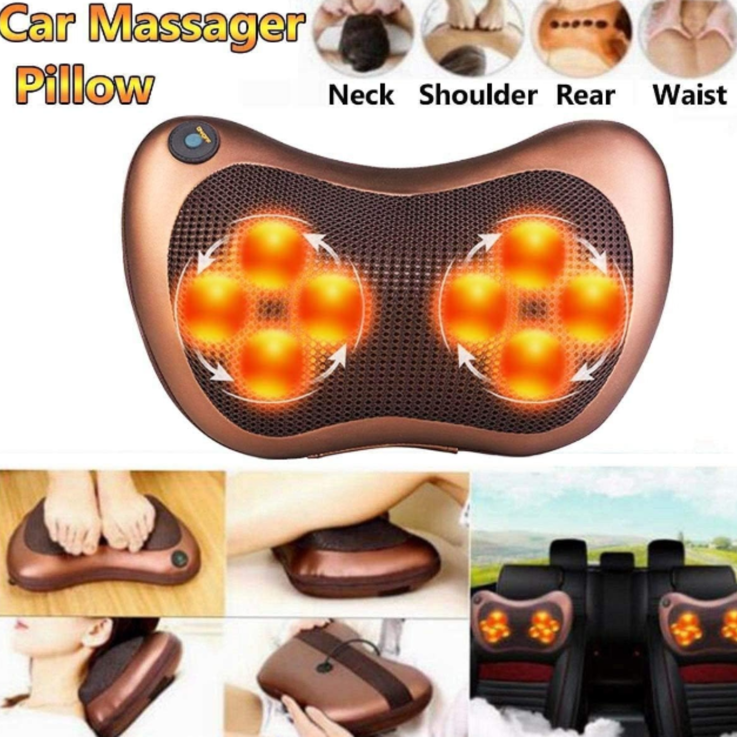 Car and Home Electric Neck, Back, and Shoulder Massager Pillow with Infrared Heating | Deep Tissue Kneading for Pain Relief