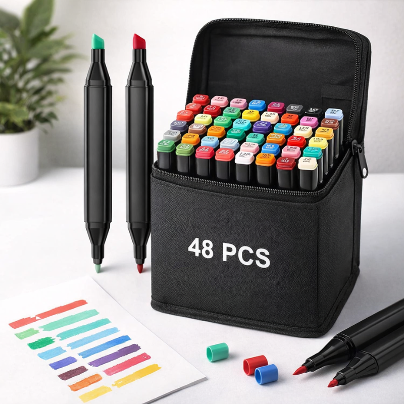 Art Markers Set – 48 Pcs Dual-Tip Brush & Chisel Sketch Markers with Carry Case | Odorless, Non-Toxic Permanent Markers