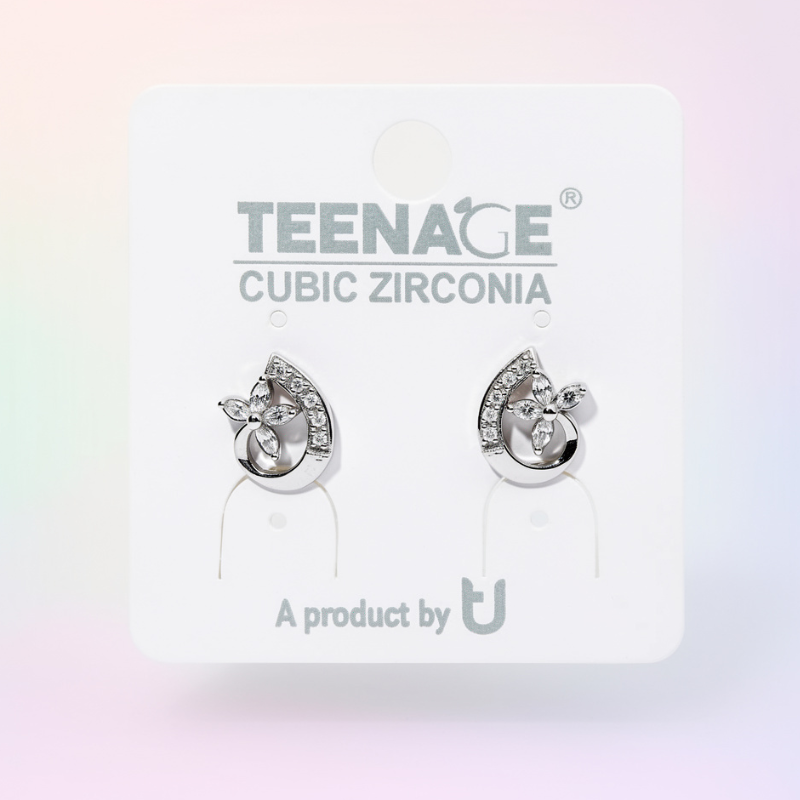 Chic Cubic Zirconia Swirl Stud Earrings for Teens – Silver Tone Hypoallergenic Flower & Teardrop Design Jewelry (1 Pair)