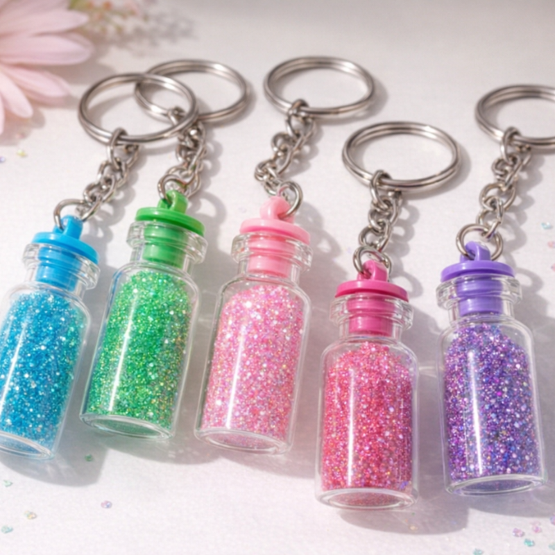 12 Pcs Glitter Glass Bottle Keychain – Mini Transparent Decorative Key Ring with Sparkle Finish (Random color)