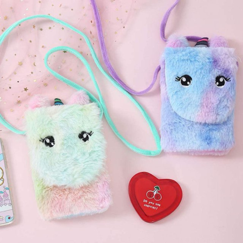 Multicolor Plush Unicorn Sling Mobile Bag  – Soft Stuffed Crossbody Shoulder Bag with Strap (Random color)