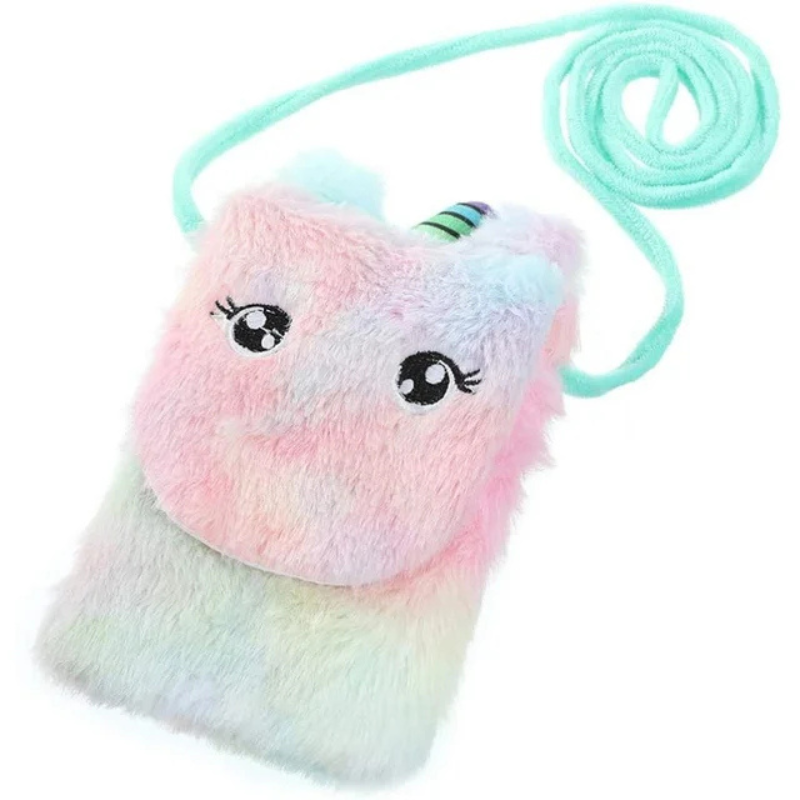 Multicolor Plush Unicorn Sling Mobile Bag  – Soft Stuffed Crossbody Shoulder Bag with Strap (Random color)