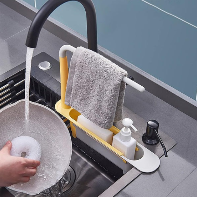 Adjustable Telescopic Sink Shelf – Expandable Kitchen Sink Organizer Rack with Drain Basket & Cloth Hanger (Random Color- Pack of 1)