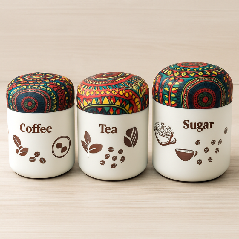 3 Pcs Printed Tea, Coffee & Sugar Canister Set – Kitchen Storage Jars with Lids