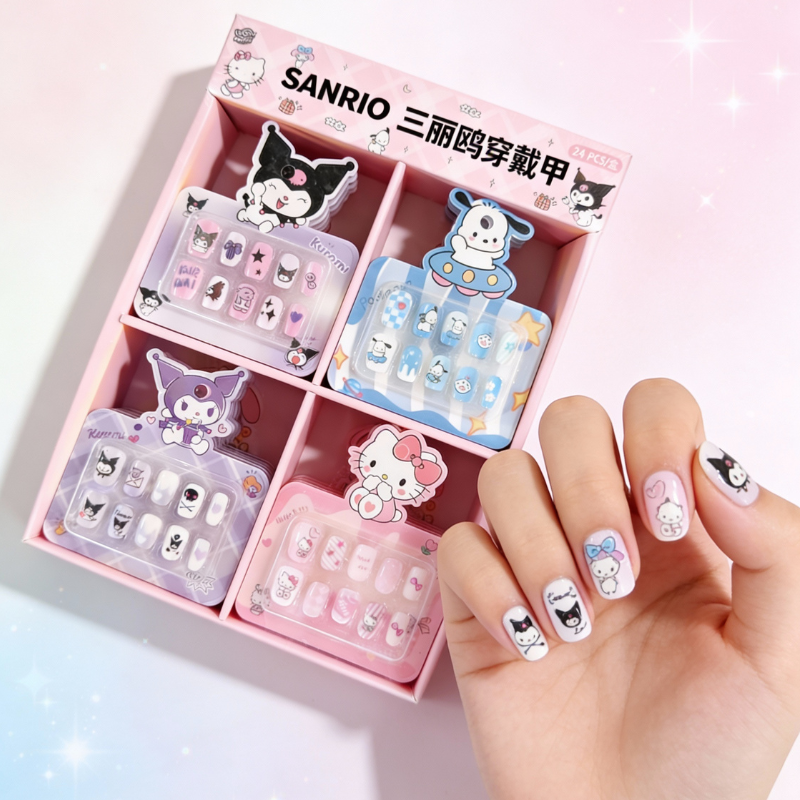 Sanrio Character Press-On Nails for Kids – Cute Cartoon Fake Nails Set (Random Design-Pack of 1 Set)