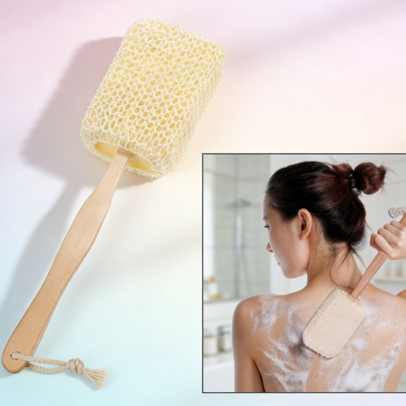 Wood Handle Shower Loofah Back Scrubber – Exfoliating Bath Sponge & Body Washer for Men, Women & Sensitive Skin