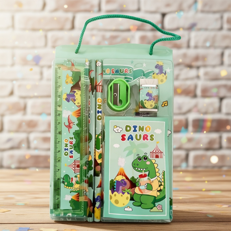 Dinosaur-Themed Children’s Stationery Set – Pencils, Eraser, Ruler, Sharpener & Mini Notebook (Random Theme-5-Piece Set)