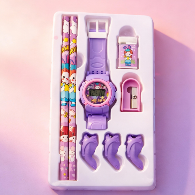 Kids Stationery Set with Watch – Pencil, Eraser, Sharpener & Pencil Gripper Combo (Random color-8-Piece Set)
