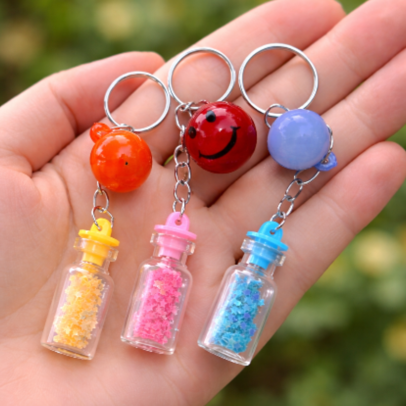 12 Pcs Cute Cartoon Star Bottle Keychain – Mini Decorative Bottle Charm Key Rings