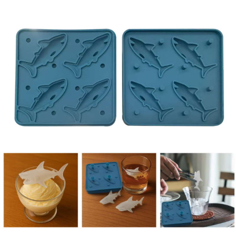 4 Cavity Shark Silicone Ice Mold with small funnel – Fun Shark-Shaped Ice Tray for Drinks & Desserts