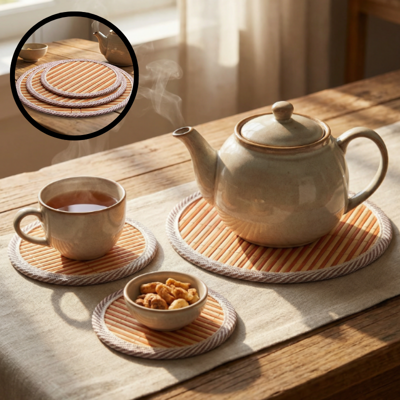 Round Bamboo Table Mat with Rope Border – Heat-Resistant Placemat & Coaster for Dining Table, Kitchen, & Cookware (Set of 3 Sizes-Small,Midium & Large)