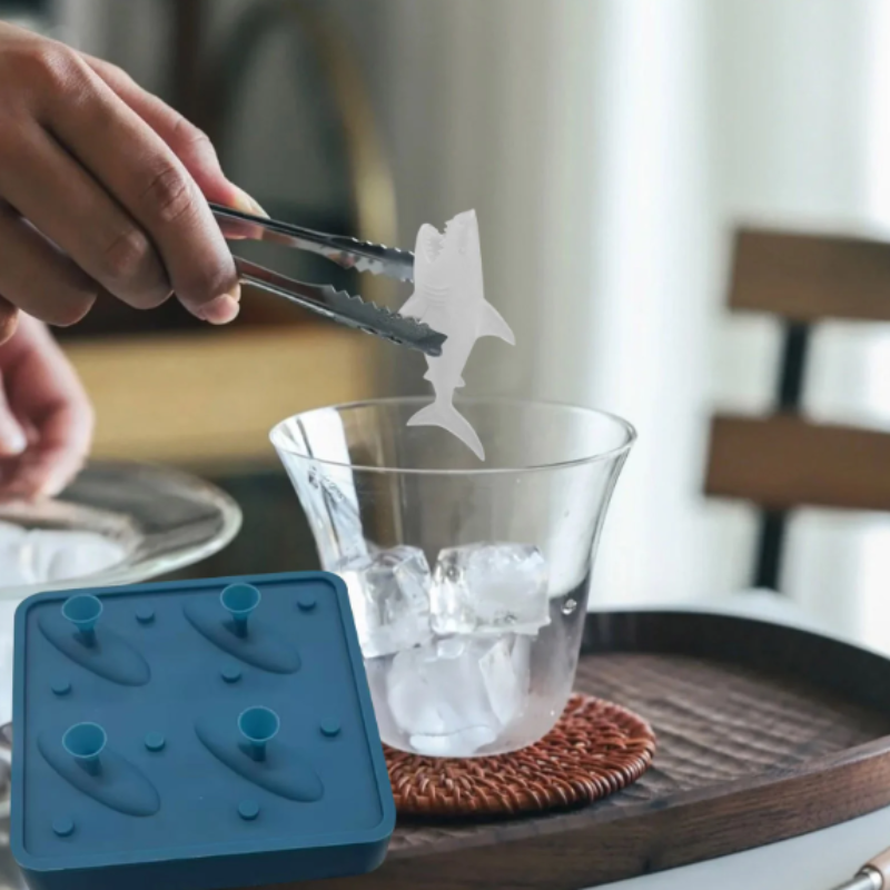 4 Cavity Shark Silicone Ice Mold with small funnel – Fun Shark-Shaped Ice Tray for Drinks & Desserts
