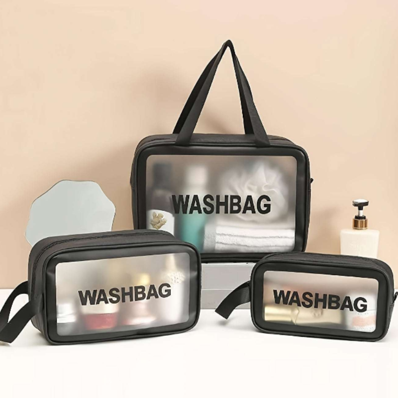 3PCs PVC Waterproof Toiletry Bag Set – Large Capacity Travel Makeup & Cosmetic Organizer, Portable Handheld Storage for Men & Women