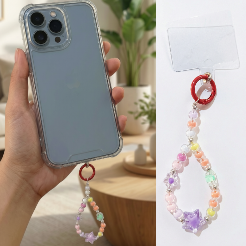 Multicolor Beaded Phone Charm / Wristlet Strap – Cute Heart & Star Beads Phone Lanyard (Pack of 1)