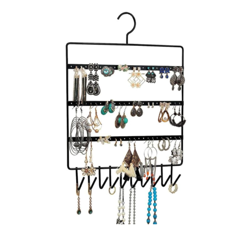 Metal Jewellery Display Stand – Multicolor Organizer with 10 Hanging Hooks & 57 Earring Holes for Earrings, Necklaces & Bracelets