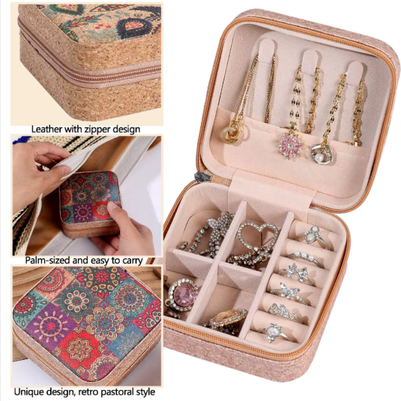 Vintage Small Jewellery Case Box Organizer – Portable Square Cork Jewelry Box for Rings, Necklaces & Earrings, Multifunctional Storage for Women, Mothers & Girls (Pack of 1)
