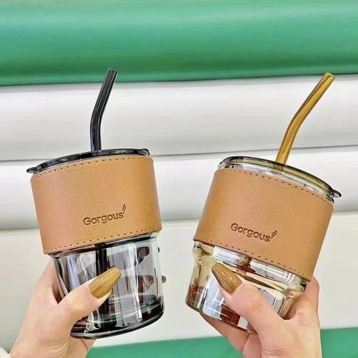 High Quality Glass Coffee Mug With Straw (450ML)