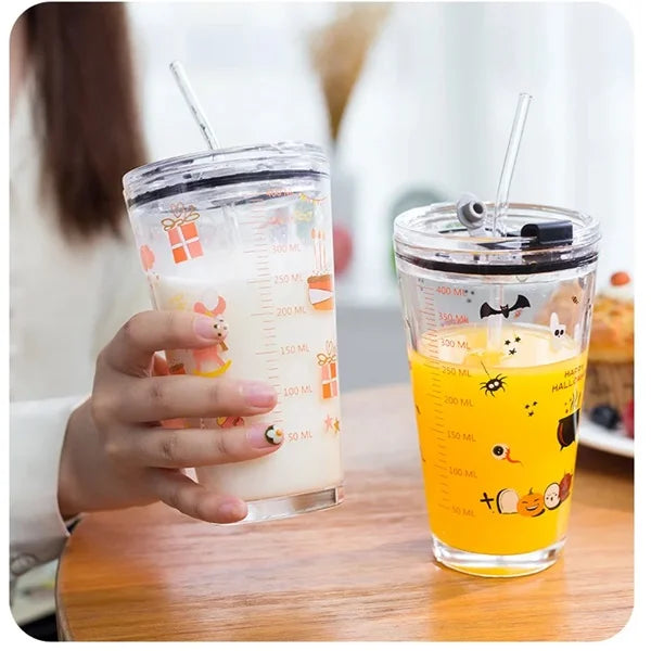 450ml Printed Glass Tumbler With Straw