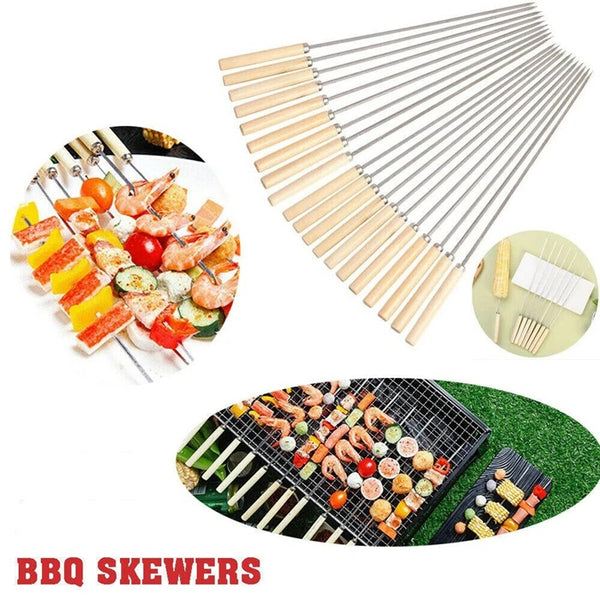 Stainless Steel BBQ Skewers Set (10 Pcs) | Barbeque Rods with Wooden H ...