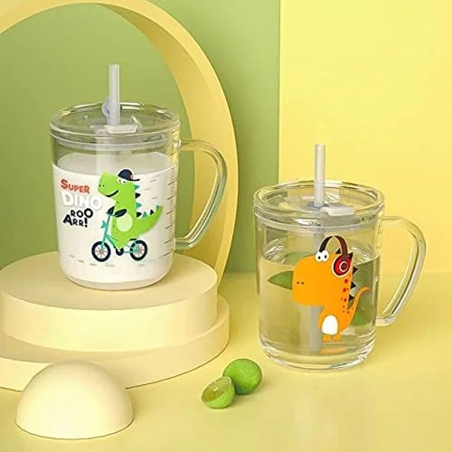 400ml Cute Glass Cup with Straw – Random Design Transparent Drinking G ...