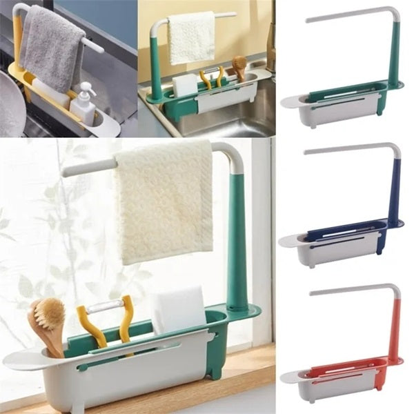 Adjustable Telescopic Sink Shelf (Random), Kitchen Sink Organizer Telescopic Sink Storage Rack, Telescopic Sink Rack Holder Expandable Storage Drain Basket with Cloth Hanger Holder