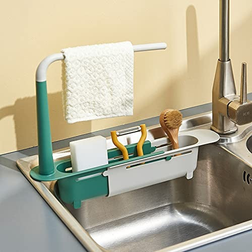 Adjustable Telescopic Sink Shelf (Random), Kitchen Sink Organizer Telescopic Sink Storage Rack, Telescopic Sink Rack Holder Expandable Storage Drain Basket with Cloth Hanger Holder