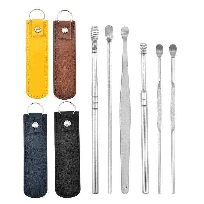 6 Pcs Ear Cleaning Tools With Leather Cover (Random Colour)