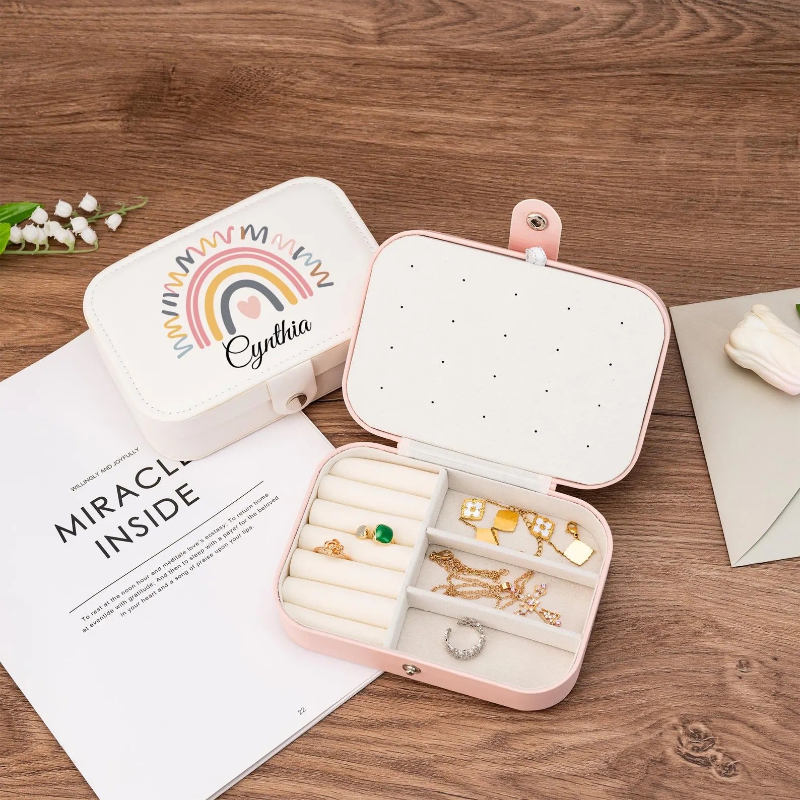 Personalized Leather Rainbow Jewelry Box,Travel Keepsake Organizer,Wedding Bridesmaid Gift,Mothers Day Keepsake,Birthday Gift For Nana Mommy (Random box)