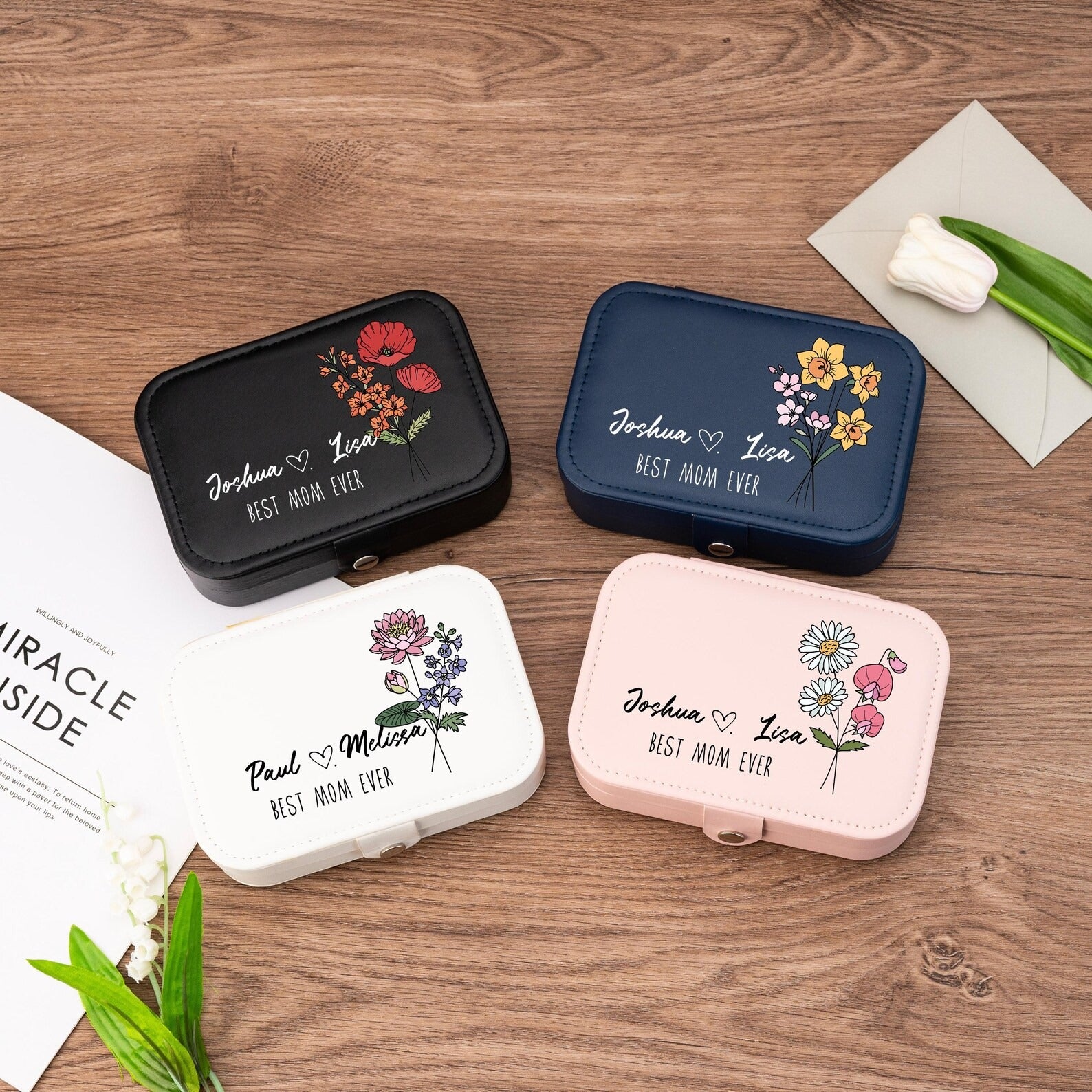 Personalized Birth Month Flower Jewelry Box – Custom Mom Leather Travel Case with Kids Name | Mother’s Day, Mom Birthday & Grandma Gift (Random Box)
