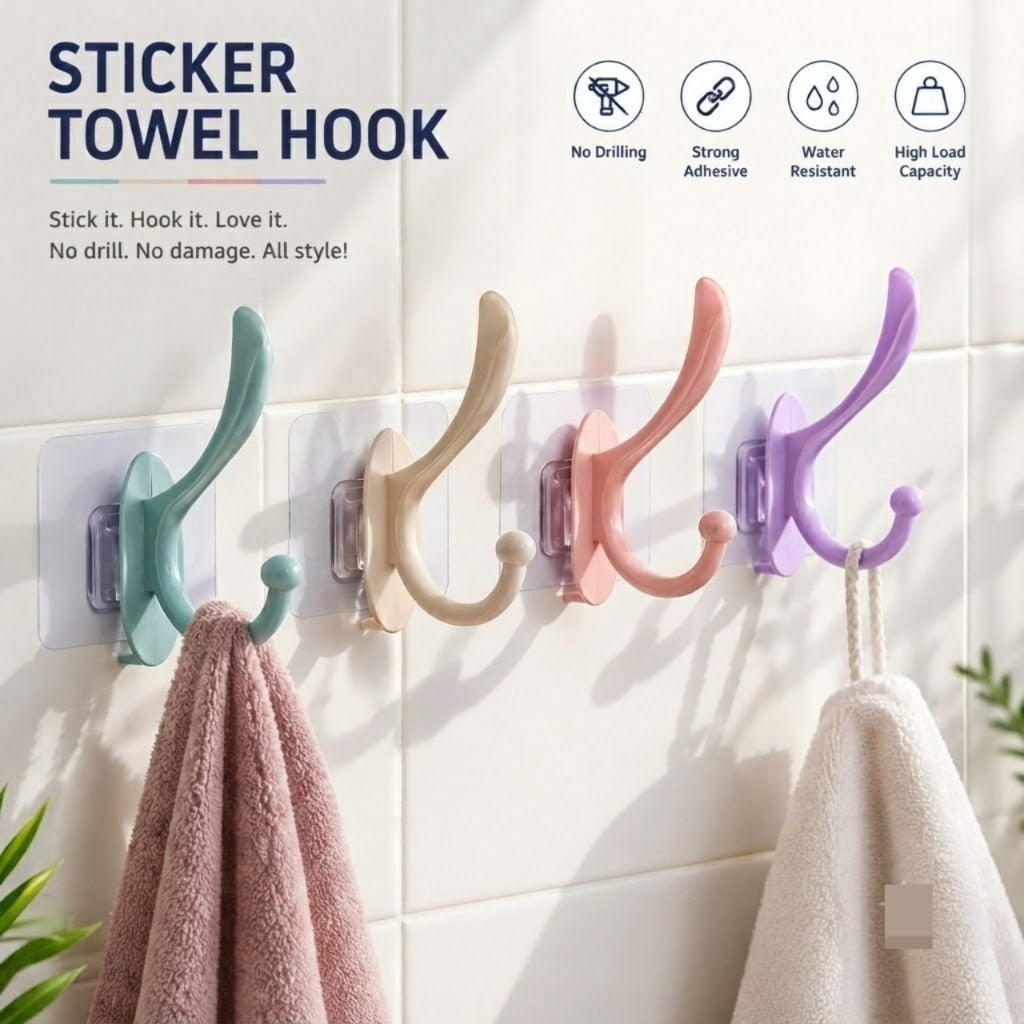 Sticker Towel Hook – Self Adhesive Bathroom & Kitchen Towel Holder (Random color) [Buy 1 Get 1 Free]