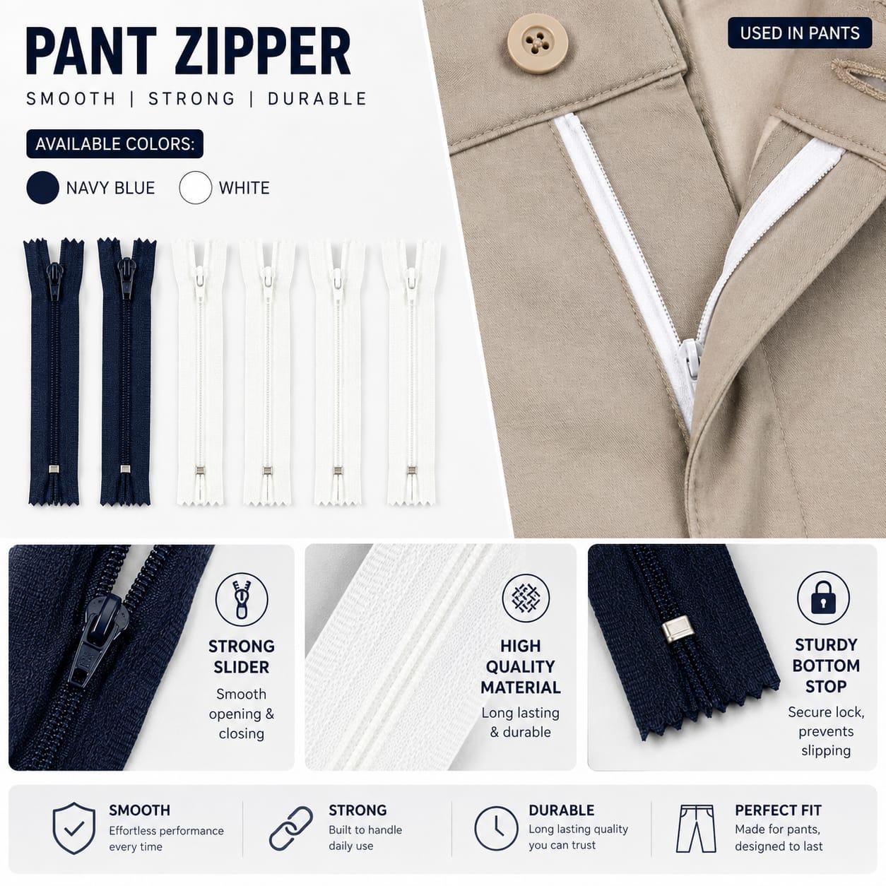 6 Pcs Premium Nylon Pant Zipper | Closed-End Sewing Zip for Pants, Trousers, Skirts & Tailoring (Blue & White)