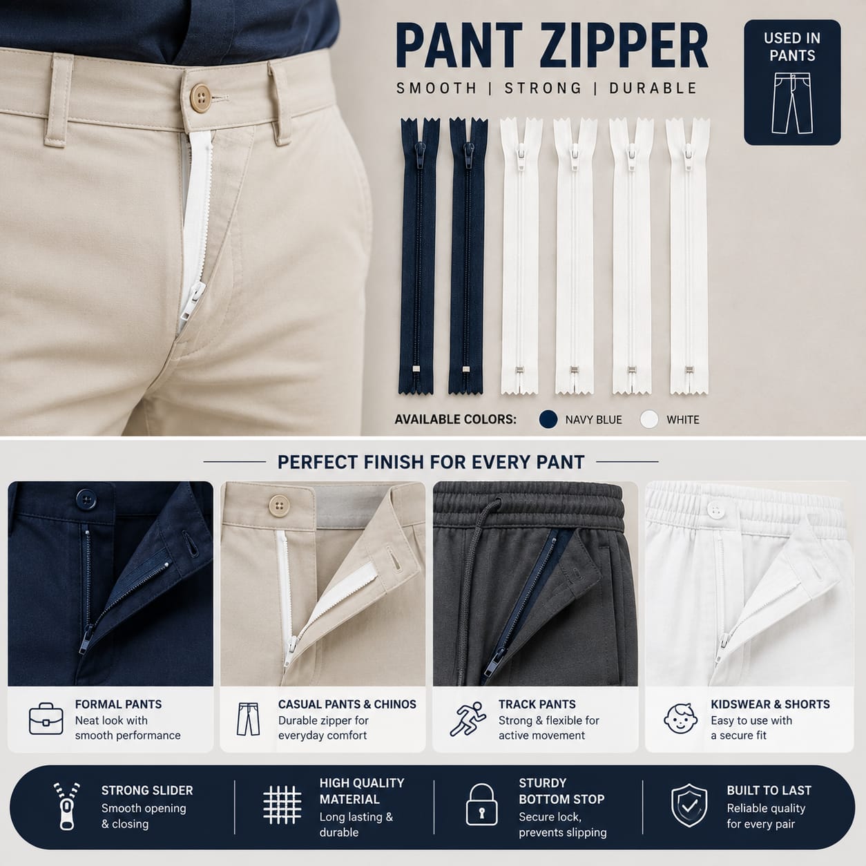 6 Pcs Premium Nylon Pant Zipper | Closed-End Sewing Zip for Pants, Trousers, Skirts & Tailoring (Blue & White)