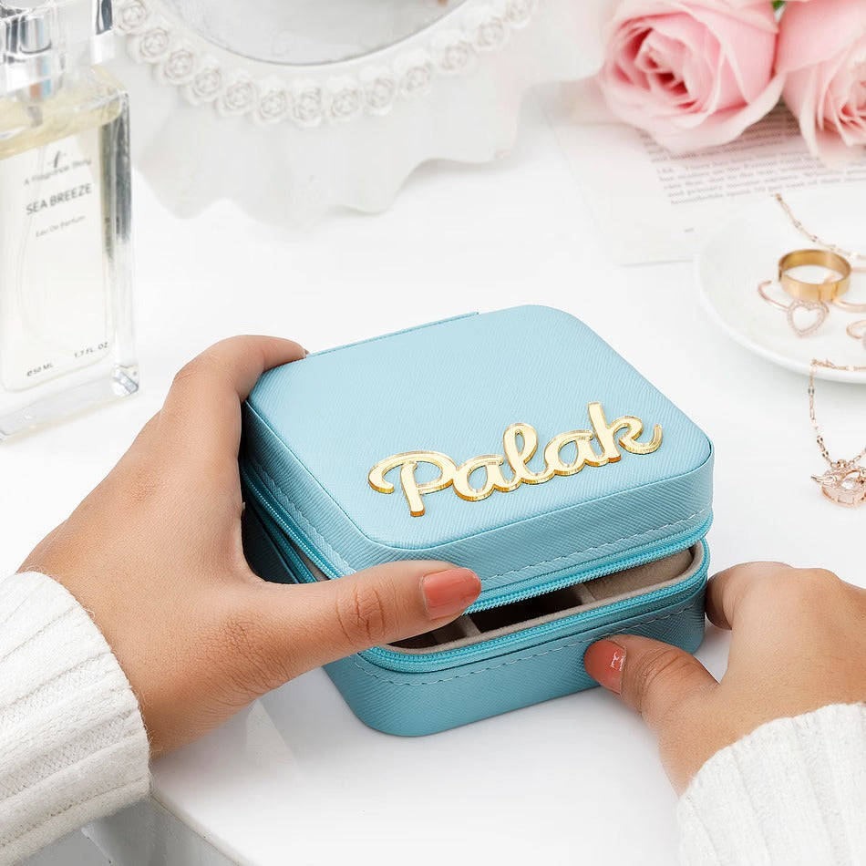 Customised Jewellery Box - Portable Mini Travel Jewellery Box - Acrylic Name - Blue