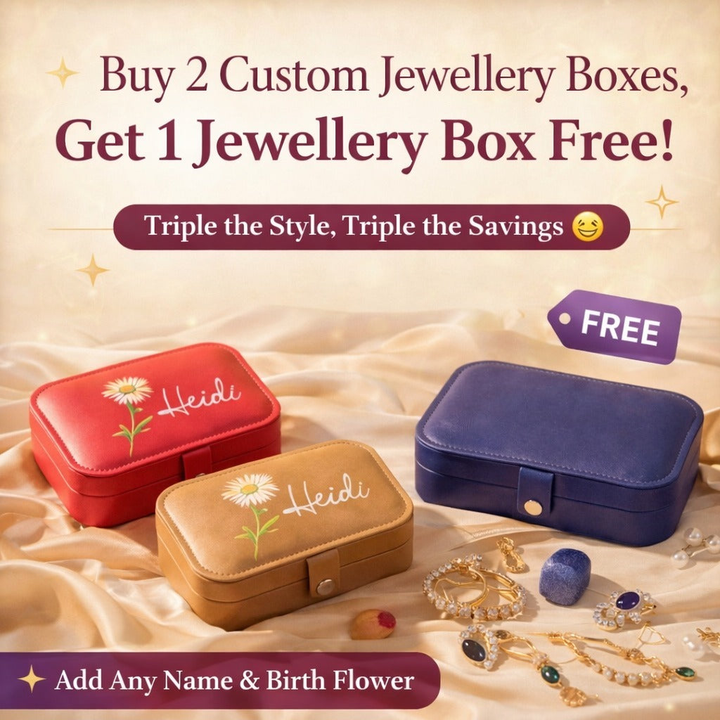 Personalized Large Jewellery Box with Name & Birth Month Flower – Custom Travel Jewelry Organizer Case (Random Color) | Buy 2 Customized Boxes & Get 1 Large Jewellery Box Free