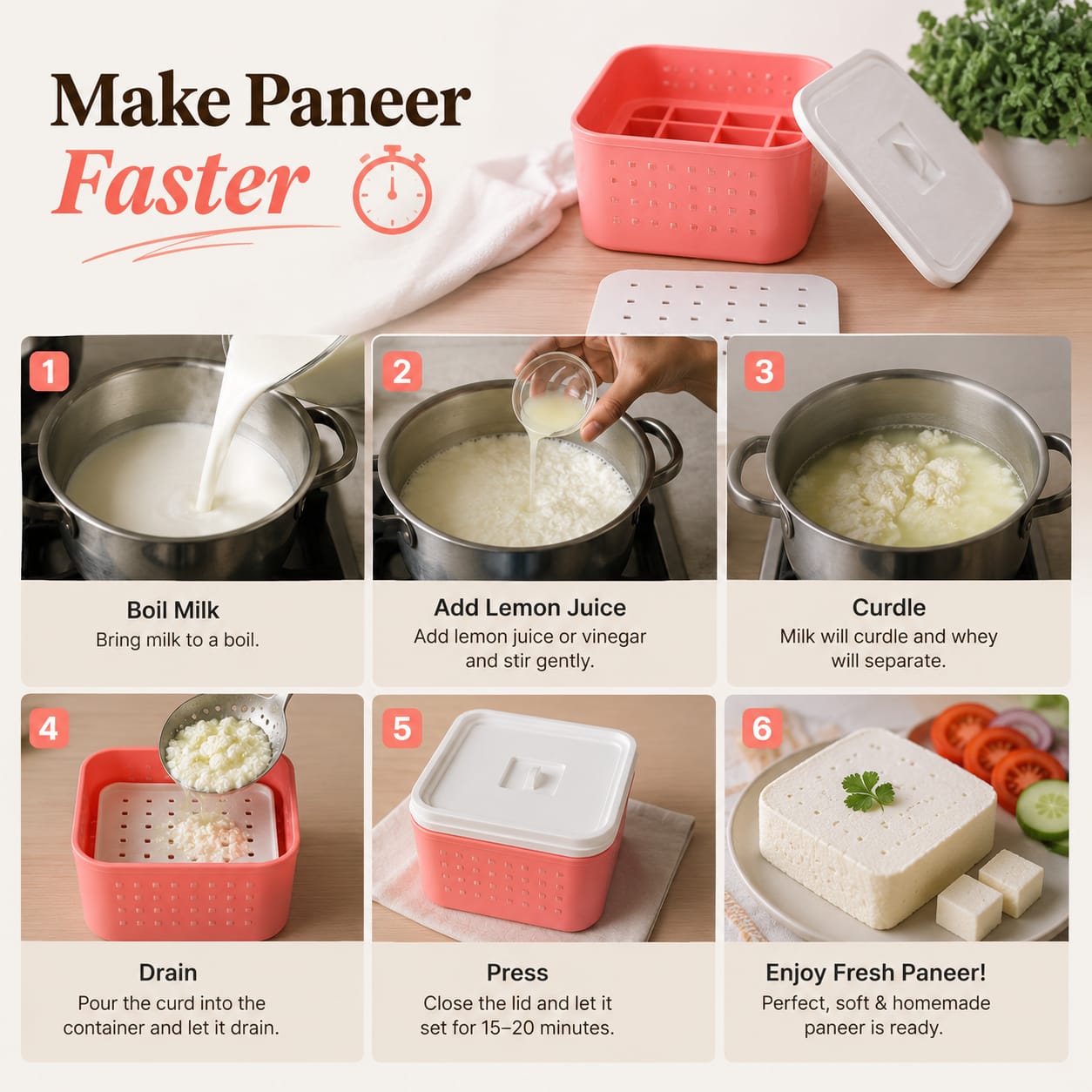 Square Paneer Maker Press Mould | 3-Piece Paneer & Tofu Making Kit with Perforated Container, Pressing Lid & Drain Base (Random Color - Pack of 1)