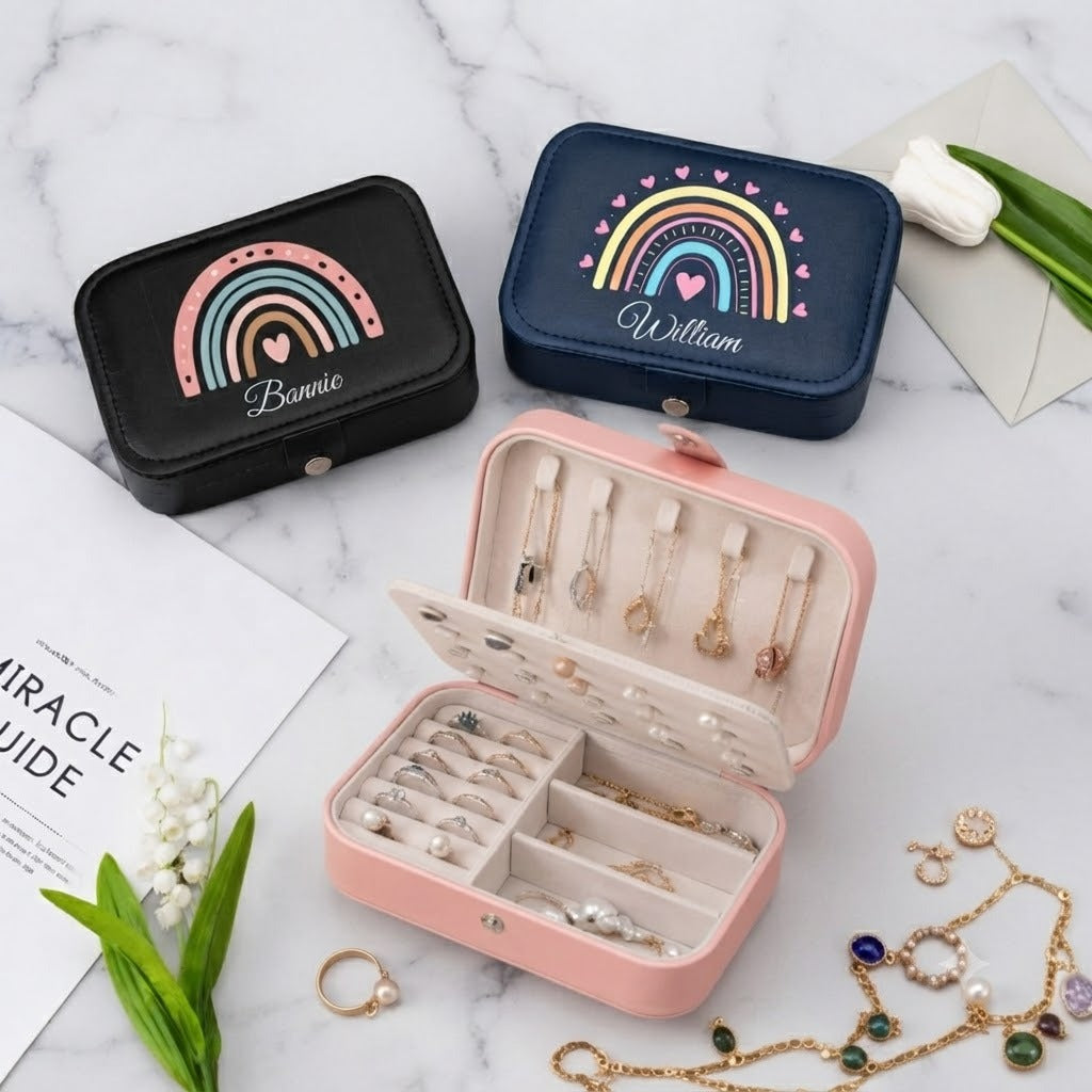 Personalized Leather Rainbow Jewelry Box,Travel Keepsake Organizer,Wedding Bridesmaid Gift,Mothers Day Keepsake,Birthday Gift For Nana Mommy (Random box-Pack of 1)