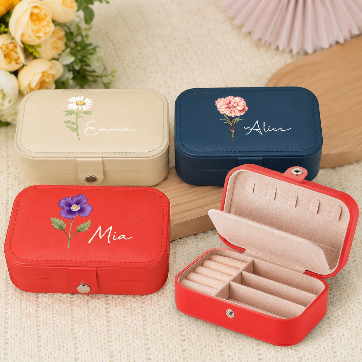 Personalized Birth Flower Jewelry Box – Custom Travel Jewelry Organizer for Mom, Bridesmaid & Birthday Gift for Her (Random Box)