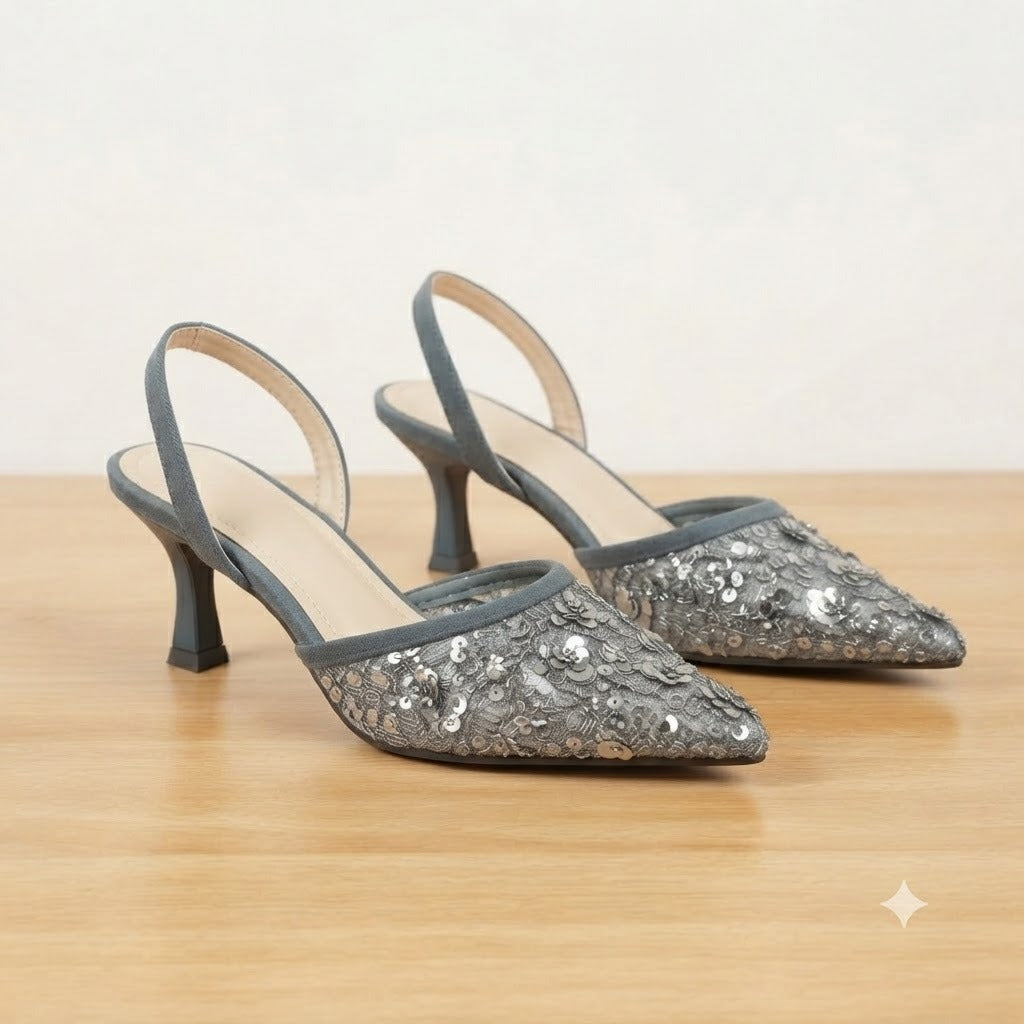 Women's Black, White & Grey Sequined Embellished Slingback Heels - Stylish Party Wear Stilettos for Women