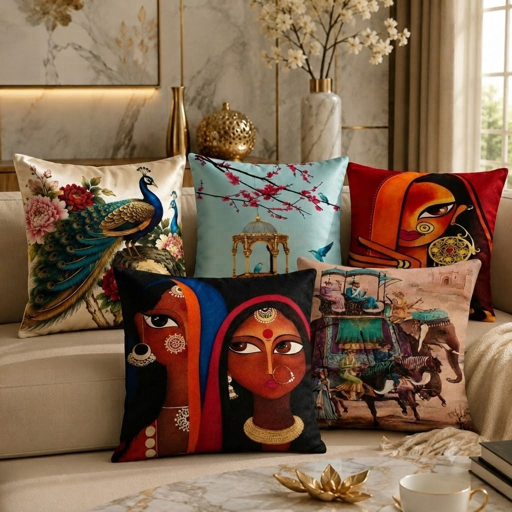 5Pcs Printed Cushion Cover – Soft, Wrinkle-Free Pillowcase Set for Bedroom, Home & Hotel Use (Random Print/color)
