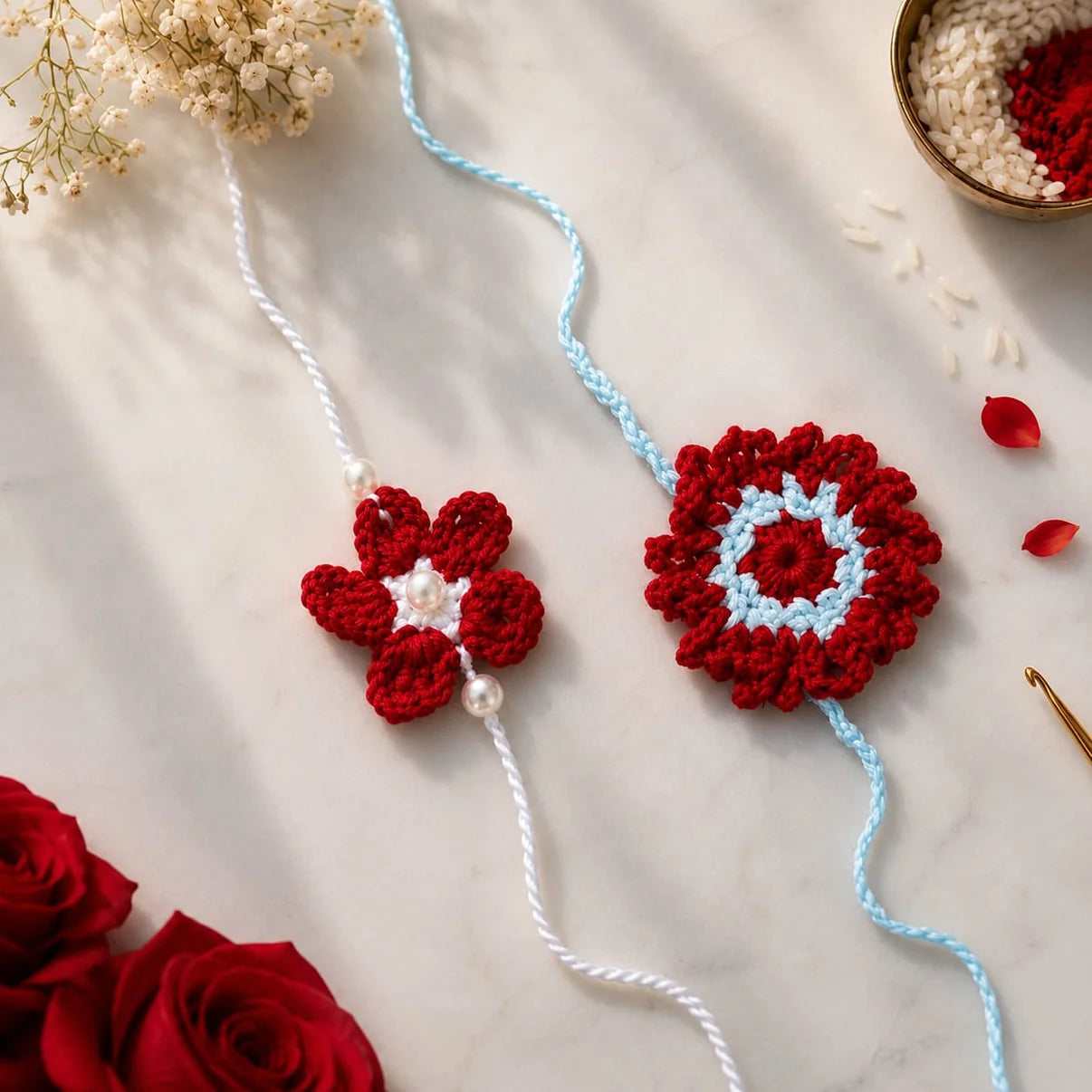 Premium Handcrafted Crochet Rakhi | Red & Blue Floral Design | Unique Eco-Friendly Rakhi (Random Set of 1)
