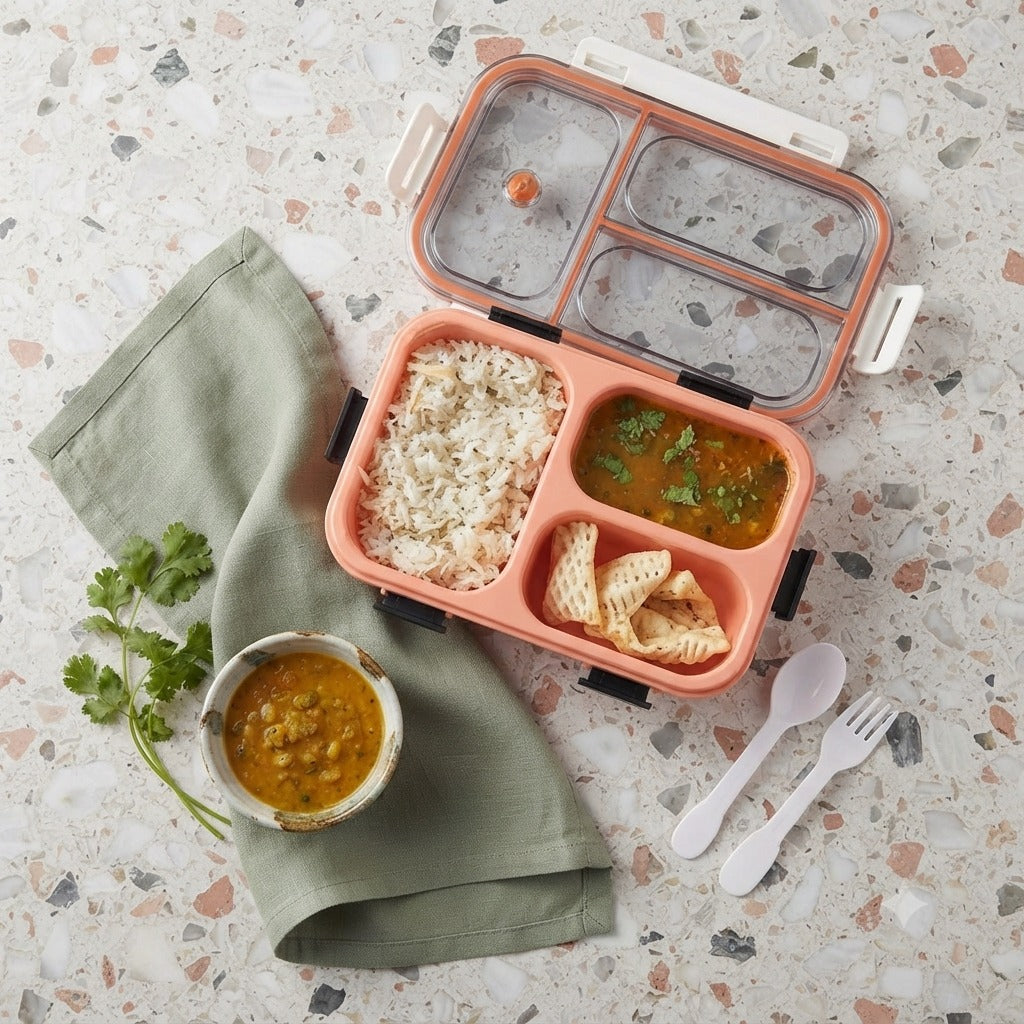 3-Compartment Leak-Proof Lunch Box with Lid – Microwave Safe & BPA-Free Food Storage (Random Color-Pack of 1)